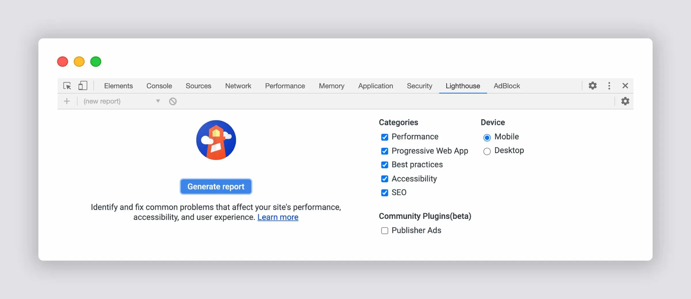 Lighthouse, the Chrome developer tool